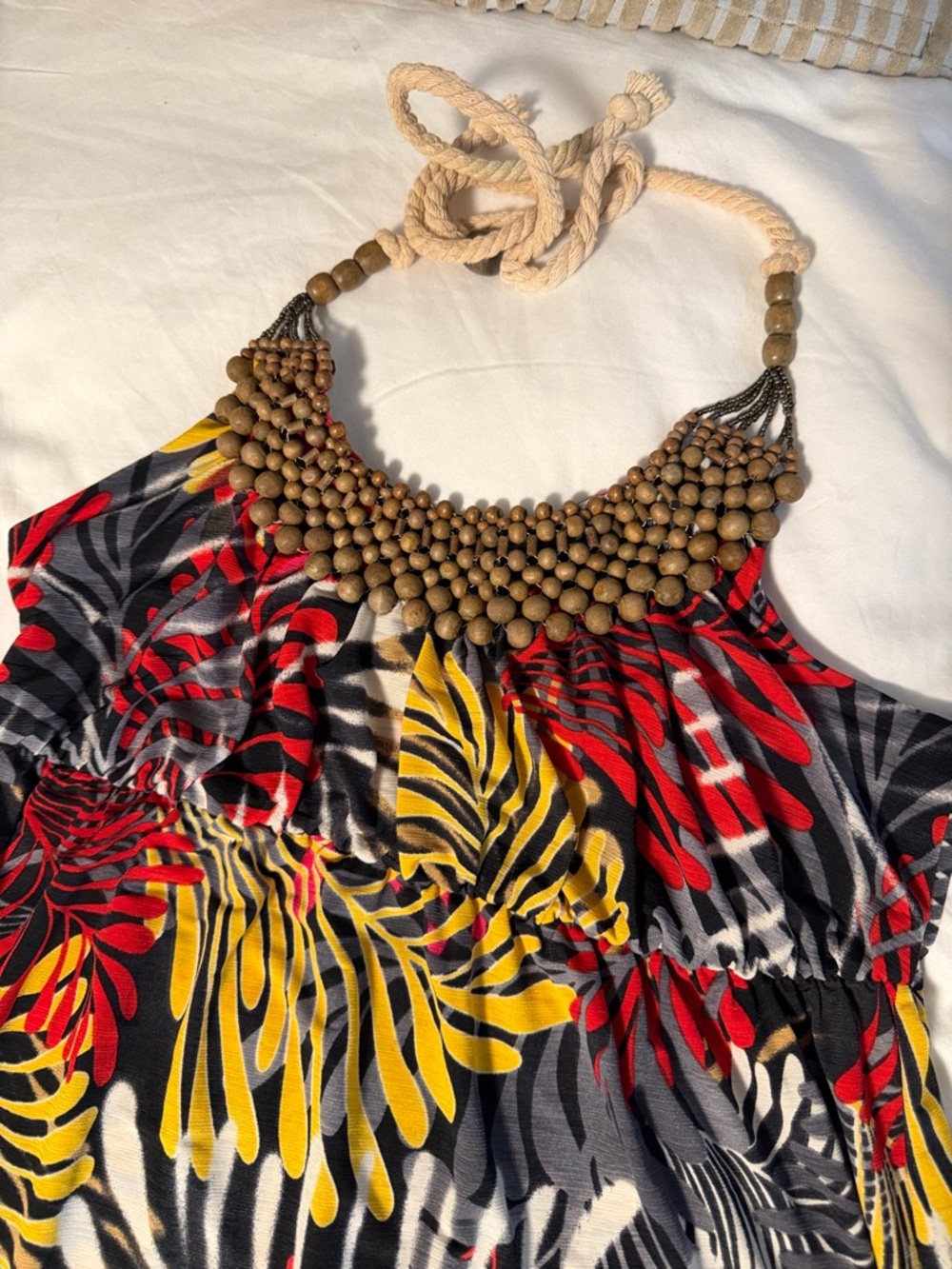 Charming Charlie Tropical Leaf Print Maxi Dress in Black, Red, Yellow, Gray